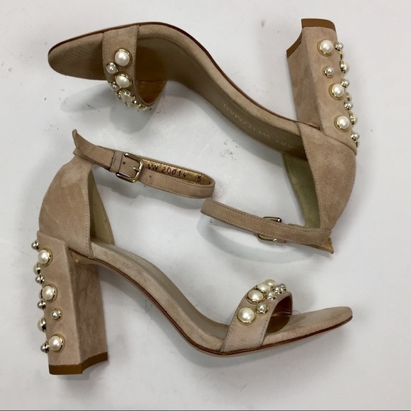 Stuart Weitzman More Pearls Bisque Suede Sandals Size 5 - Picture 13 of 17